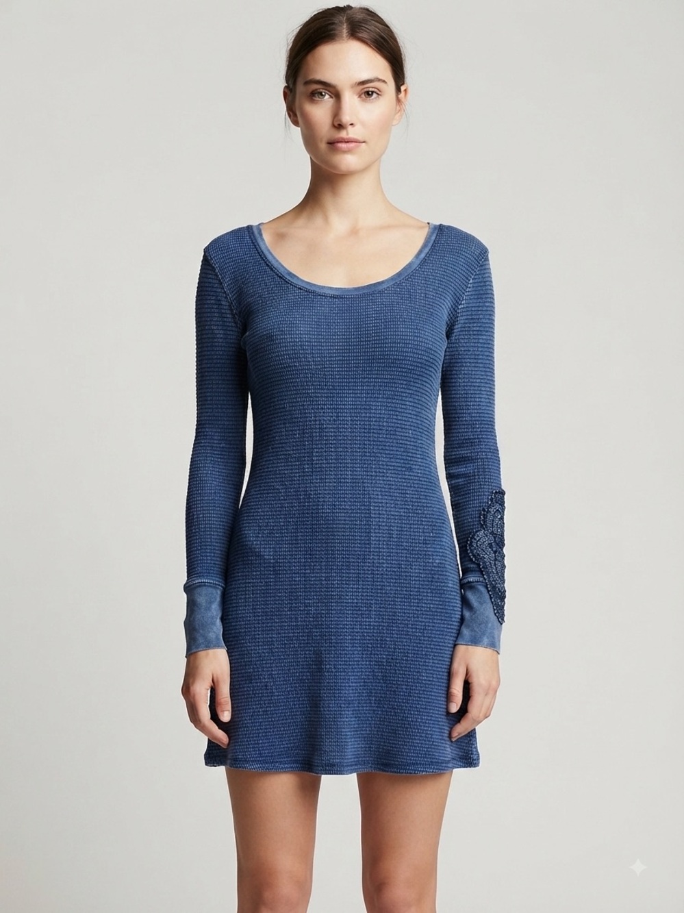 Able NY Navy Waffle Knit Dress Sz S Crochet Cuff Detail Long Sleeve Stretc